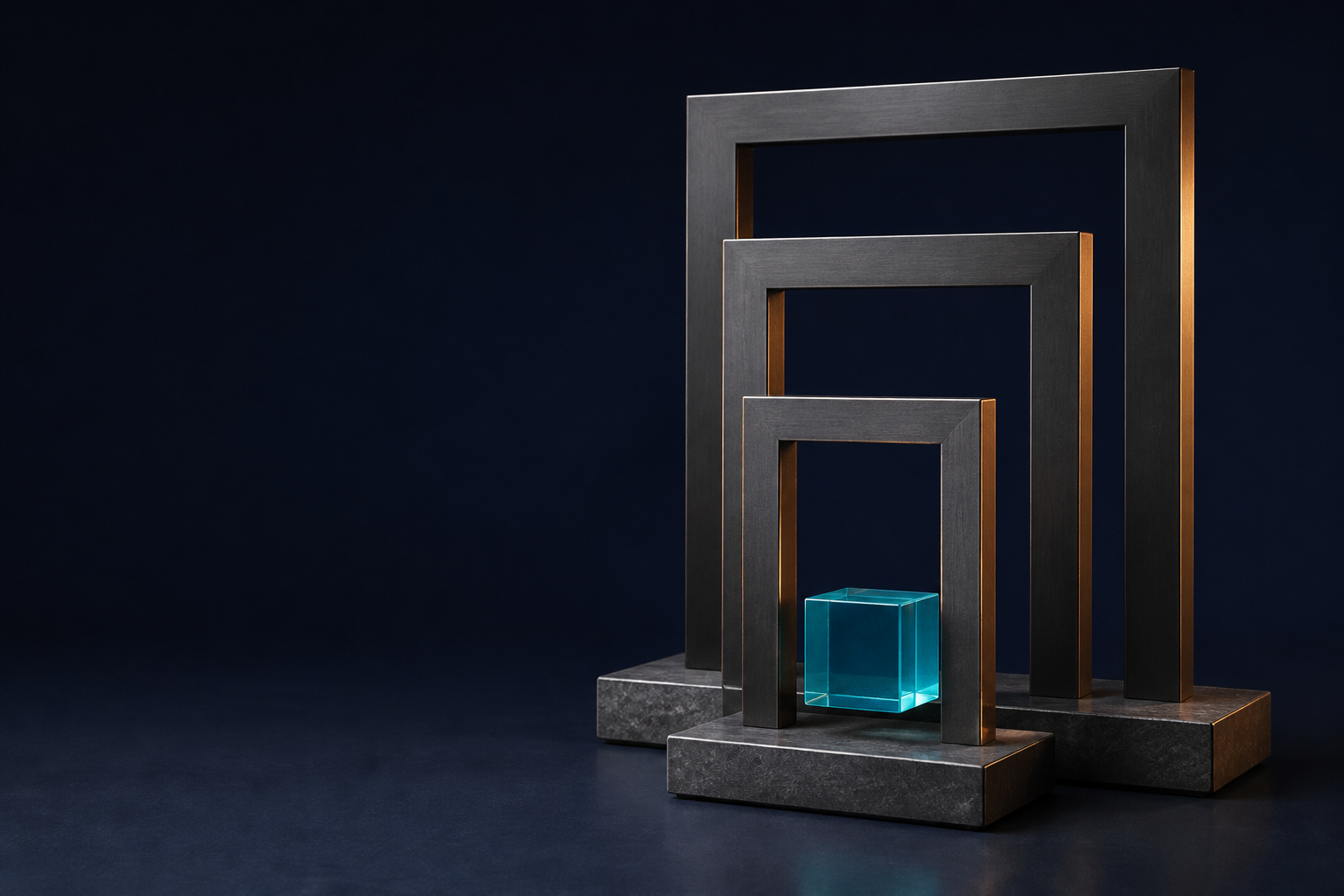 Abstrakte Schutzarchitektur aus dunklen Rahmen um einen cyanfarbenen Kern